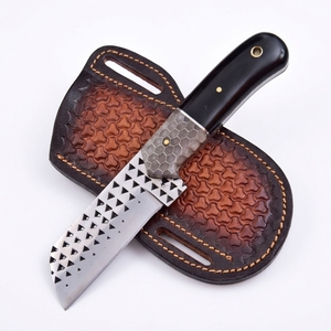 Handmade Bull Cutter <b>Knife</b> Triangle File Work Blade Black Horn Honeycomb Handle Tooled Leather Sheath Cowboy <b>EDC</b> Wholesale - Product Image 1