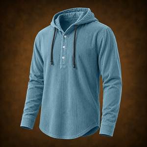 Sudadera con Capucha de Pana Azul para Hombre, Sudadera Henley de Manga Larga, Ropa Casual - Product Image 3