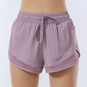 Shorts Deportivos de Cintura Alta con Cordón, Color Morado, con Bolsillos, Diseño Floral Vintage, Tejido de Punto de Secado Rápido, Ropa Deportiva para Mujer - Product Image 1