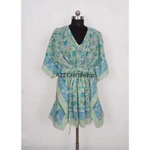 Robe Kaftan Midi Femme 100% Coton Faite à la Main, Col V, Motif Floral Vintage Romantique, Manches Courtes, Légère, pour Plage et Été - Product Image 4