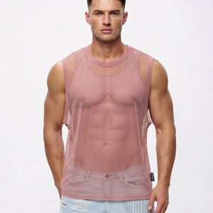 Débardeurs en maille transparente pour hommes, col rond, sans manches, 100% polyester, haut transparent, style streetwear, vêtements de mode, débardeur en maille transparente - Product Image 2