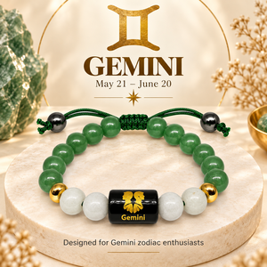 สร้อยข้อมือราศีเมถุน พรีเมียมเกรด ลูกปัดหยกเขียวขนาด 8 มม. ป้ายสีดำพร้อมสัญลักษณ์สีทอง แฟชั่นทันสมัย สไตล์ฮวงจุ้ย - Product Image 4