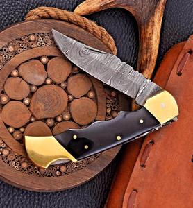 Cuchillo Plegable de Acero de Damasco de Grado Industrial Nordic Forge, Mango de Resina Negra, Empuñadura de Latón, Funda, Cuchillo de Caza EDC de Bolsillo - Product Image 2