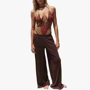 Ensemble 2 pièces de haute qualité pour femme : haut court à manches longues et pantalon large, coupe ample, couleur unie, en coton, longueur complète, respirant - Product Image 5
