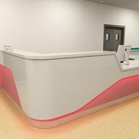 Bureau d'accueil moderne en bois en forme de L rose avec possibilité d'affichage et éclairage LED blanc pour clinique, hôpital, boutique ou usage domestique/bureau
