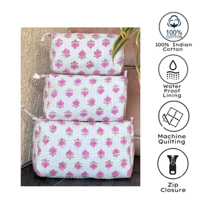 Premium Jaipur Hand Block Printed Quilted Cotton Pouch Set For Cosmetics Jewellery Toiletries Gifting Eco friendly Water proof - Product Image 2