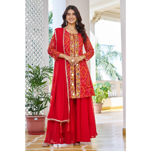 Conjunto de Kurta y Palazzo Rojos Bordados Tradicionales para Mujer – Ropa para Festivales y Fiestas - Product Image 1