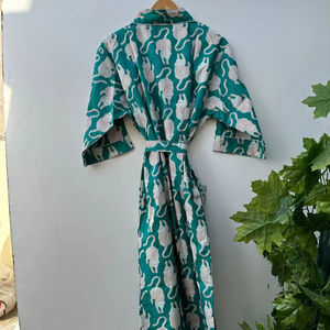 Bird Print Cotton Kimono Robe Bohemian Bridal Loungewear Dressing Gown - Product Image 1
