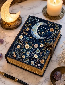Diario de hechizos celestiales personalizado Book Shadows, con cubierta de cuero genuino, diseño floral lunar, diario con cerradura y páginas vintage. - Product Image 1