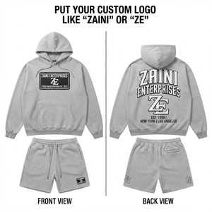Conjunto de Sudadera con Capucha y Pantalones Cortos de Felpa de Algodón Premium de 340 GSM, Transpirable, Gris, para Invierno, con Logotipo Personalizado Serigrafiado, Ropa Deportiva de Dos Piezas - Product Image 1