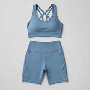 Women's Orange Crisscross Sports Bra High Waist Shorts Set Seamless Breathable <b>Mesh</b> Yoga Activewear 2 Piece - Product Image 3