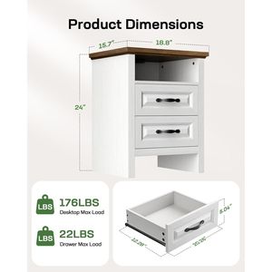 Comodino in Stile Rustico con Ripiano Aperto e 2 Cassetti, Stazione di Ricarica, Mobile Contenitore per Camera da Letto - Product Image 1