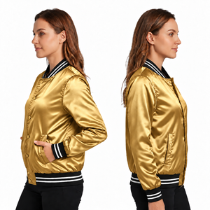 Chaqueta Varsity Dorada de Satén para Mujer, Manga Larga, Cuello Camisero, Ribete en Contraste, Corte Regular, Ropa de Invierno, Transpirable, Resistente al Viento, 100% - Product Image 6