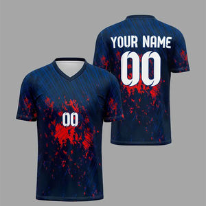 Maillot de tennis sublimé personnalisé pour homme, imprimé bleu foncé et rouge, respirant, en polyester, col en V, manches courtes, uniforme adulte - Product Image 1