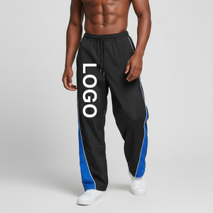 Pantalon de survêtement noir pour homme avec bande latérale bleue, taille élastique et cordon de serrage, décontracté, pour l'été, en polyester léger et respirant - Product Image 1