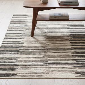 Tapis tissé à la main en laine, beige crème et gris, à rayures linéaires abstraites, géométrique moderne, pour sol - Product Image 3
