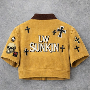 Veste courte jaune style punk à manches courtes avec motif crânes et croix appliqués, streetwear décontracté pour homme - Product Image 2