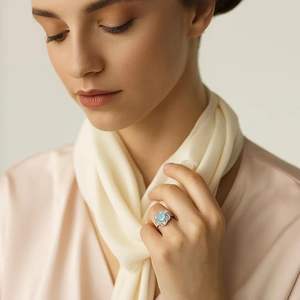 BRIA BY SAAR 925 Bague Halo aigue-marine en argent avec pavé de cristal détaillant élégant réglable bijoux de fiançailles cadeau pour femme et - Product Image 5