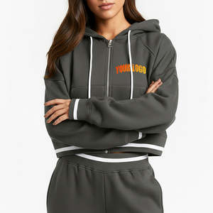 OEM ODM 100% Cotton Fleece Acid Wash Crop Top Hoodies Premium Quality Dark Grey Color Long Sleeve Drop-Shoulder Zip Up Hoodies - Product Image 3