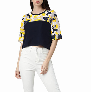 Women Color Blocking Crop <b>Top</b> Short Sleeve O-Neck Casual Knitted Polyester T-Shirt Spring Summer Loose Fit - Product Image 2