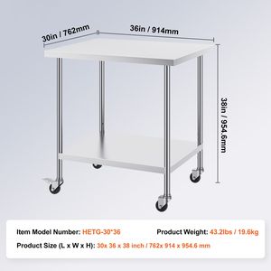 Tavolo da Lavoro in Acciaio Inox Resistente 30 X 36 X 38 Pollici, 4 Ruote, 3 Livelli di Altezza Regolabili, per Cucine Commerciali e Fabbricazioni in Acciaio - Product Image 3