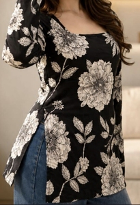 Robe longue à manches longues et col carré pour femme, imprimé floral noir, en polyester et rayonne tissée, style décontracté et ethnique, Kurti court pour femme - Product Image 4