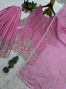 ชุดคุर्ติ ชาราร่า สีม่วงปักลายแบบดั้งเดิมสีชมพู ผ้าไหม ดีไซน์สวยหรูสไตล์อินเดีย ปากีสถาน เสื้อผ้าชาติพันธุ์ - Product Image 3