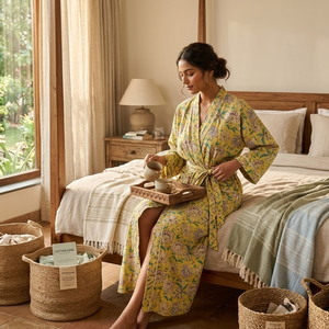 Kimono artisanal en coton jaune à motifs floraux |   Robe de chambre à manches longues et col en V pour femme |   Robe de luxe en pur coton, un chef-d'œuvre, idéale pour un cadeau - Product Image 5