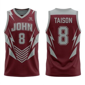 Maillot de basket-ball pour hommes, maille en polyester de qualité supérieure, 160 GSM, bordeaux, gris, impression par sublimation, ensemble uniforme personnalisé avec nom et numéro de l'équipe - Product Image 1