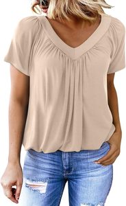 Camiseta de Algodón para Mujer, Estilo Casual, Corte Ajustado, Estampado Sólido, Cuello en V, Manga Corta, Textura Arrugada - Product Image 5