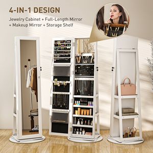 Armadio Portagioie Bianco con Serratura, Specchio a Figura Intera e Ripiani Girevoli a 360° per Organizzazione Guardaroba - Product Image 4