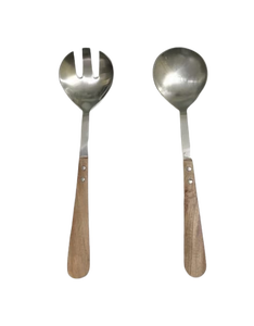 Cuillère de service à manche en bois et ensemble de fourchettes en acier inoxydable, finition polie miroir, design traditionnel durable pour la restauration, couverts - Product Image 1