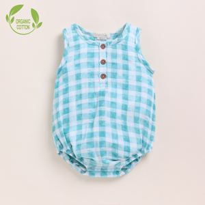 Premium Quality Organic <b>Muslin</b> Bubble Romper Teal Checks Print <b>Baby</b> Clothing - Product Image 1