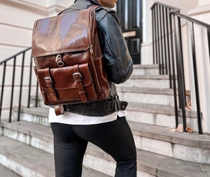 Mochila de cuero impermeable de diseño simple para exteriores, mochila para portátil para mujer, antiarrugas, de gran capacidad, mochila de cuero para el hombro. - Product Image 3