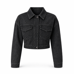 Women’s <b>Cropped</b> <b>Jacket</b> with Long Sleeves, Classic Collar, Snap Button Closure, Dual Chest Flap Pockets Washed <b>denim</b> fabric - Product Image 3