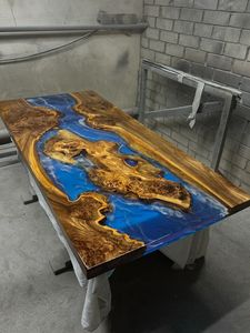Table à manger rectangulaire en bois de chêne massif sur mesure avec résine époxy turquoise, pieds en forme d'épingle à cheveux, design moderne pour hôtel et entrepôt - Product Image 2