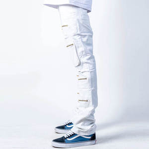 OEM ODM <b>Men</b> <b>White</b> Zipper <b>Jeans</b> Stylish Streetwear Distressed Ripped <b>Slim</b> <b>Fit</b> Casual Denim Pants with Multiple Pocket Design - Product Image 2