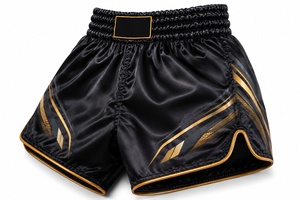 Shorts de boxe unisexe en polyester/nylon 400g avec impression dorée à chaud, séchage rapide, vêtements d'arts martiaux, coupe régulière adulte, logo personnalisé sur le devant - Product Image 4
