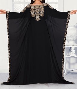 Abaya Larga Casual Bordada en Turquesa para Mujer, Vestido Modesto de Manga Larga para Fiestas y Bodas en el Medio Oriente, Poliéster - Product Image 3