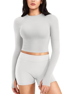 Womens Gym Clothes <b>Long</b> Sleeve Top With Scrunch Butt Shorts Yoga Sets 2 Piece Summer Casual Solid Crew Neck <b>Matching</b> T-shirt Set - Product Image 1