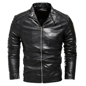 <b>Men's</b> Black PU <b>Leather</b> Motorcycle <b>Jacket</b> Slim Fit Turn-down Collar Zipper Closure Windproof OEM Service <b>Jacket</b> For Online Sale - Product Image 1