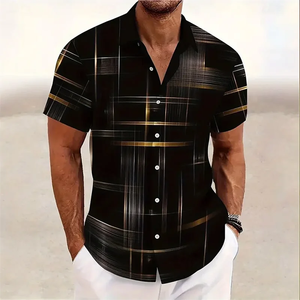 Camisa de hombre con estampado geométrico a cuadros, informal, a la moda, para vacaciones al aire libre, estilo urbano, camisa de manga corta con estampado 3D - Product Image 2