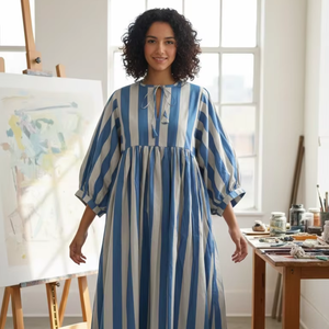 Robe Courte Trapèze Femme en Coton 100% à Rayures Florales Bleues, Coupe Droite Bohème, Manches Longues, Décontractée et Confortable, Taille Naturelle, Pour Tous les Jours - Product Image 1