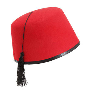 Chapeau Fez en feutre 100% laine d'Australie, bordeaux, brodé, style villageois, avec pompons dorés, vente en gros - Product Image 5