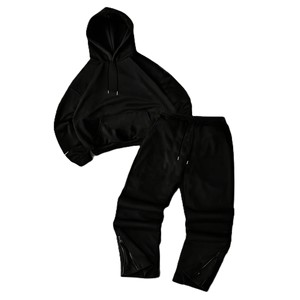 Chándal negro con capucha para niños, manga larga, color sólido, informal, holgado, para otoño, con bolsillos laterales y cintura elástica - Product Image 1