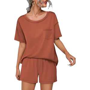Women's Blue 2-Piece <b>Knitted</b> <b>Set</b> Short Sleeve O-Neck Top With Pocket Loose Fit Shorts Solid Color Breathable Spring Summer - Product Image 5