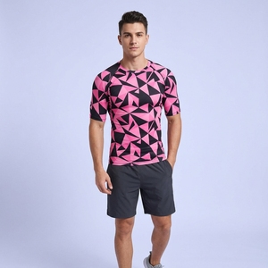T-shirt de compression à manches courtes pour homme, motif géométrique, séchage rapide, coupe sportive, col rond, haut de performance athlétique - Product Image 1