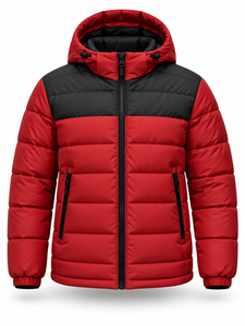 Men's <b>Red</b> <b>Hooded</b> Puffer <b>Jacket</b> Winter Waterproof Windproof Casual Zipper Polyester Wadding Regular Length Color Blocking Custom - Product Image 1