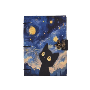 Journal fait main avec motif de chat mignon et ciel étoilé |   Carnet artistique A5 avec cadenas vintage, 100 pages, journal en papier fait main pour écrire, cadeau - Product Image 1