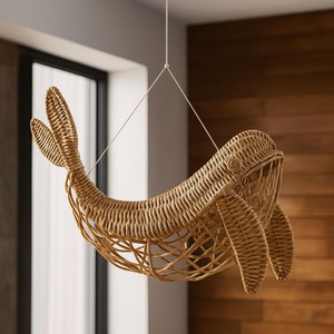 Décoration murale en rotin en forme de baleine, tissée à la main, à suspendre pour la maison, le salon, la chambre, la chambre d'enfant, style bohème côtier. - Product Image 2
